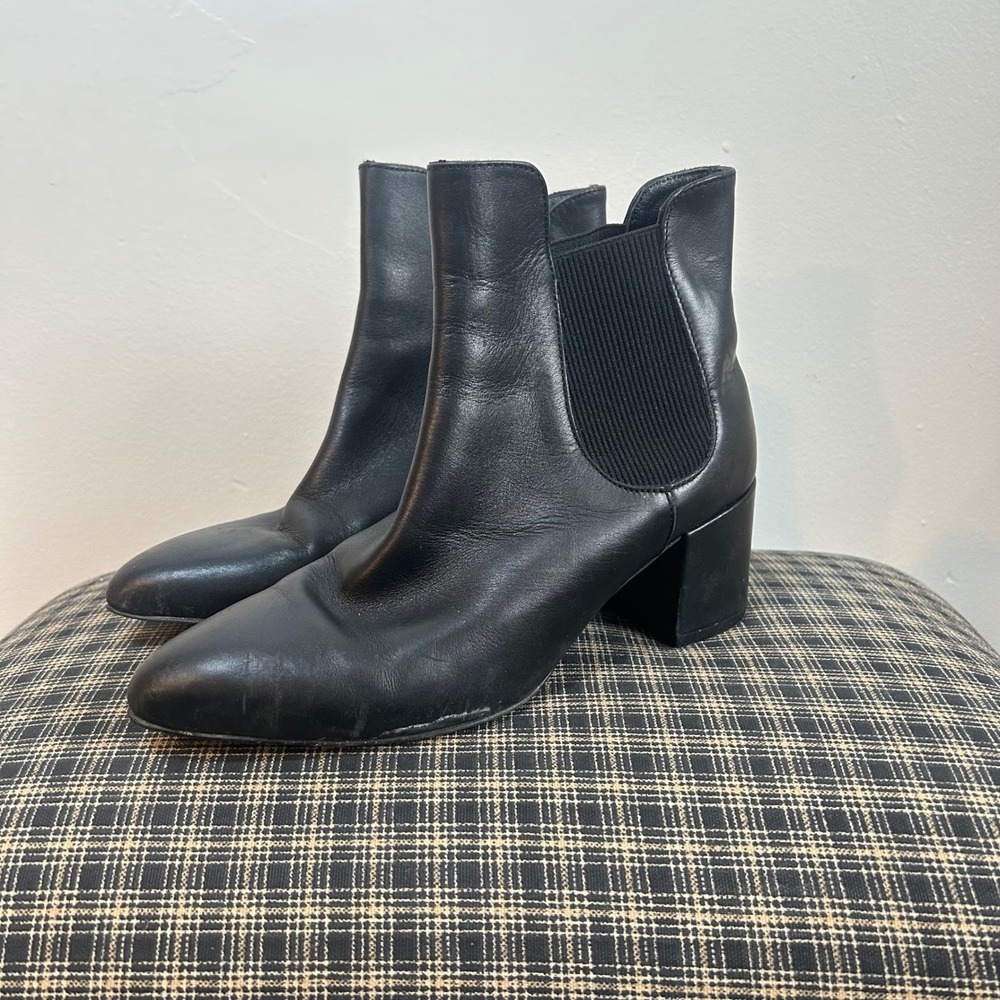 Avellini Black Leather Pointed Toe Elastic Side Chelsea Block Heel Ankle Boots 6